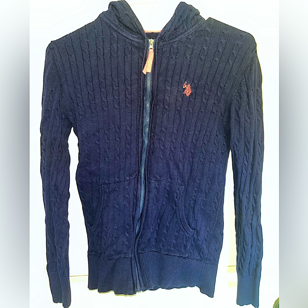 Knitted navy zippered sweatshirt with hood (U.S. Polo Assn.)